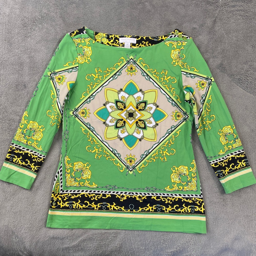 Charter Club Top Womens PP Green Scarf Print Baroque Boat Neck 3/4Sleeve Festive
